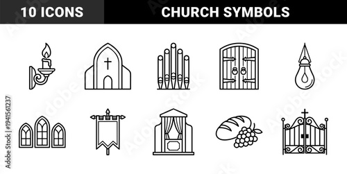 Ecclesiastical and medieval architecture elements in technical monoline style. Gothic church windows, pipe organ, and cathedral gate symbols for religious storytelling.