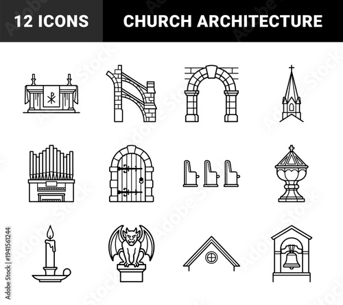 Ecclesiastical architecture and gothic cathedral elements for historical mapping. Minimalist monoline church interior symbols and religious building components.
