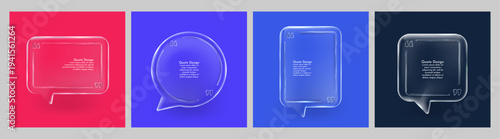 Vector illustration. Glassmorphism quote templates. 3D transparent speech bubbles with frosted glass effects. Vibrant gradient backgrounds. Design for social media template, blog post, marketing, ad