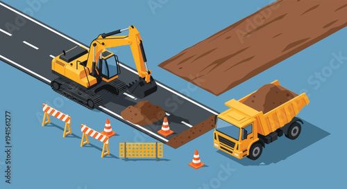 Isometric illustration depicting road construction with machinery and barriers showcasing a distinct silhouette high quality professional detailed modern elegant stylish clean