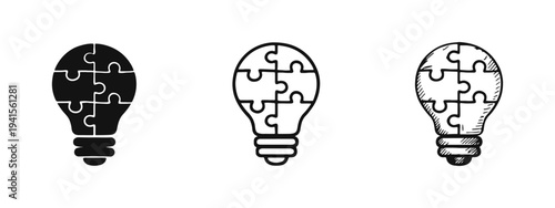 Puzzle Piece Lightbulb Icon Set - Problem Solving, Idea, and Innovation Symbols