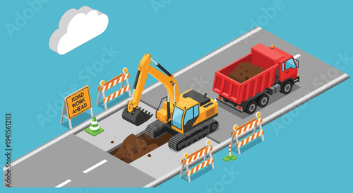 Isometric illustration depicting construction machinery a road and warning signs showcasing a distinct flat silhouette high quality professional detailed modern elegant