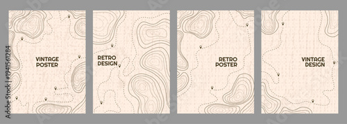 Vector illustration. Vintage topographic map posters. Retro style line patterns, navigation pin markers, and dashed trail routes on a textured beige paper background. Design for magazine or book cover