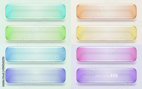 Glossy glass buttons in pastel colors. Modern vector UI elements.