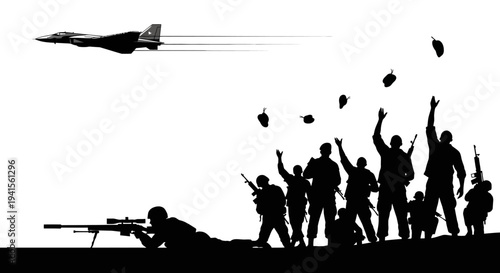 Military Soldiers Celebrating Victory with Jet Flyover and Sniper