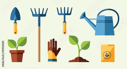 A colorful arrangement of gardening tools plants and accessories in a flat design silhouette high quality professional detailed modern elegant stylish