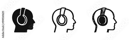 Head profile with headphones icon set in solid, outline, and hand-drawn styles.