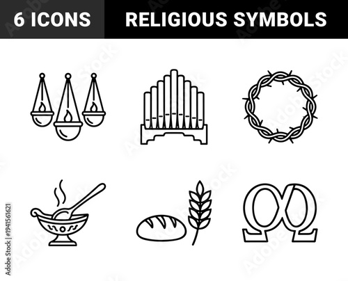 Ecclesiastical and liturgical symbols in a technical monoline style featuring pipe organ, crown of thorns, thurible, bread, wheat, and alpha omega signs.