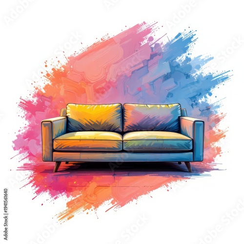 Modern Sofa Pastel Clipart: Spring Brushstrokes, Soft Glow, Minimal Art, Isolated, White Backdrop, High-Res PNG for Design Projects