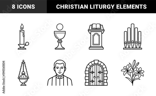 Christian religious liturgy and church worship elements. Minimalist monoline black and white line art depicting clergy, communion, and sacred cathedral architecture.