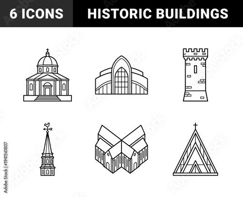Ecclesiastical and historical architectural outline elements featuring cathedrals, chapels, and medieval towers in a clean monolinear aesthetic.