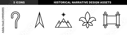 Historical and mythological storytelling elements featuring celestial mountain peaks, ancient scrolls, shepherds crook, and fleur de lis in monoline style.