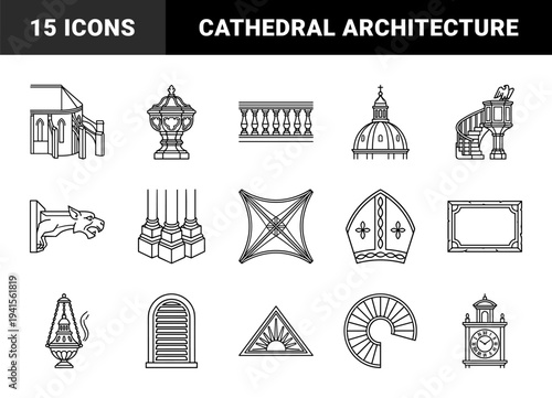 Cathedral architecture and gothic structural elements for historical documentation. Technical monoline graphics of church details and religious masonry.