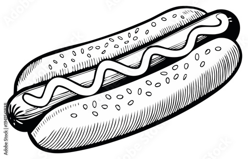 Black and white illustration of a hot dog with mustard in a sesame seed bun ready to eat