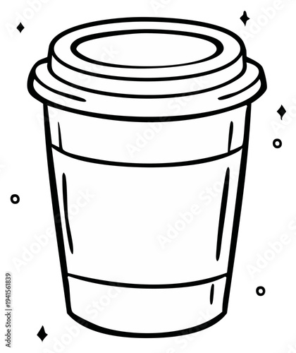 Coffee to go outline illustration, disposable coffee cup with lid, minimal black and white line art drawing