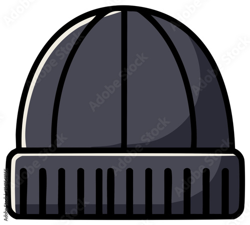 Cartoon illustration of a black winter beanie hat with ribbed brim