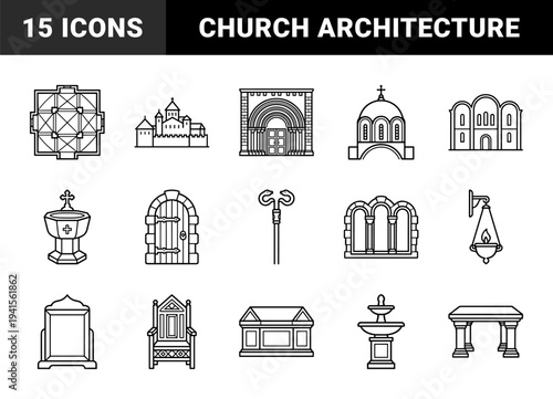 Orthodox church architecture and Byzantine religious elements for historical projects. Technical monoline pictograms of cathedrals and artifacts.