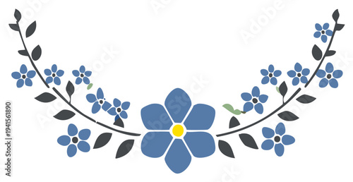 Floral semi wreath with forget me nots. Blue flowers with leaves and stems, spring blossom illustration