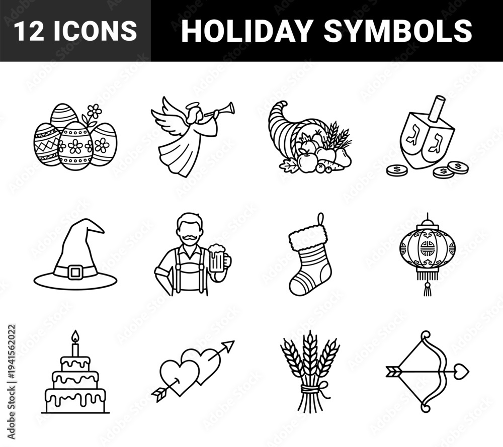 Obraz premium Global holiday celebrations and seasonal festivities line art. Monolinear pictograms featuring Christmas, Easter, Halloween, and Hanukkah symbols.