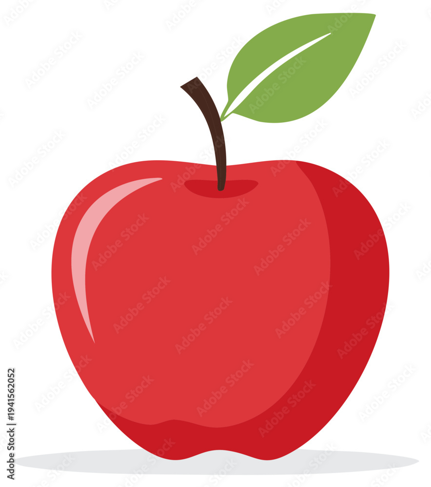 Fototapeta premium Bright red apple with green leaf and stem simple healthy food graphic