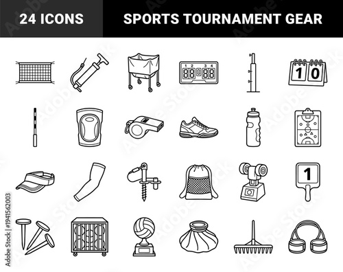 Professional volleyball equipment and tournament competition elements. Minimalist monoline pictograms for beach and indoor sports court logistics.