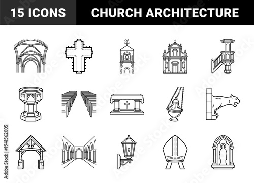 Gothic ecclesiastical architecture and religious heritage monolinear drawings. Black and white technical illustrations of cathedrals and ritual objects for historical and theological education.