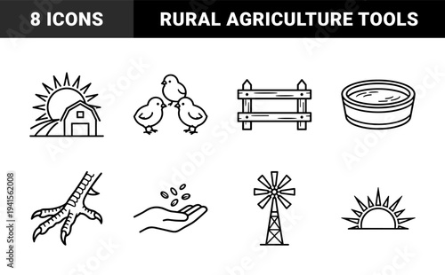 Agricultural life and poultry farming monoline illustrations. Rustic linear pictograms featuring chicks, windmill, barn, and organic feeding concepts.