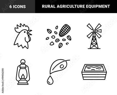 Agricultural and farming maintenance symbols featuring organic poultry production and traditional rural tools. Minimalist thick-line monoline graphic assets for gardening and livestock management.