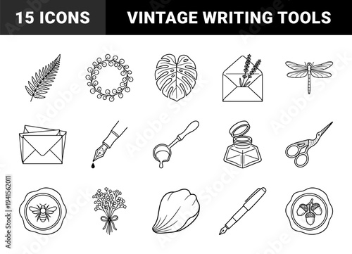 Vintage botanical stationery and wax seal elements for wedding invitations. Hand-drawn line art featuring eucalyptus, monstera, fountain pens, and insects.