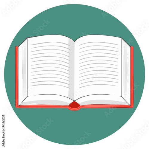 Open Red Hardcover Book displaying White Pages ready to read on Green Circle
