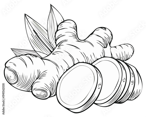 Hand Drawn Sketch of a Fresh Ginger Root with Slices and Leaves