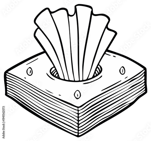 Black and white illustration of a box of tissues, emphasizing hygiene and cleaning, showcasing a simple yet detailed design for versatile use.