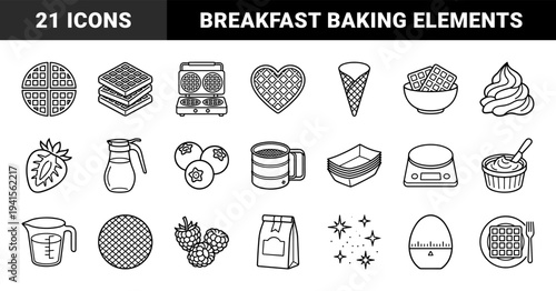 Waffle preparation and breakfast dessert elements featuring baking tools and toppings. Minimalist monoline culinary graphics for cafe menus and recipes.