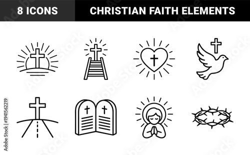 Christian faith and religious spirituality symbols. Minimalist monoline pictograms featuring a crucifix, holy bible, prayer, and divine grace concepts.