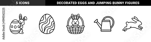 Easter holiday seasonal elements for festive branding and spring marketing. Minimalist monoline bunnies, decorated eggs, and gardening watering can.