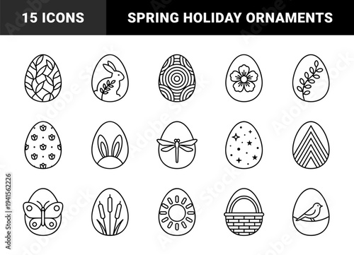 Easter egg spring line art featuring seasonal motifs like bunny ears, butterfly, and garden elements. Minimalist monoline silhouettes for holiday greeting cards and festive crafts.