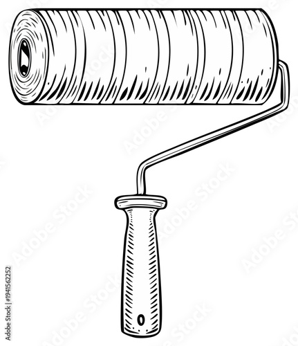 Detailed illustration of paint roller with textured handle and cylindrical brush head for home improvement