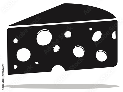 Black and white vector icon of a wedge of Swiss cheese with holes