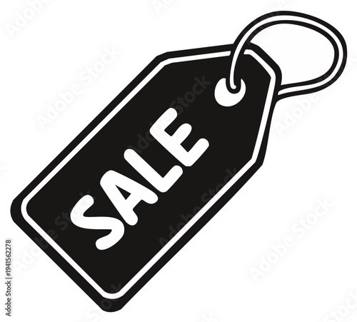 Black sale tag with white outline and string for retail promotions and discounts