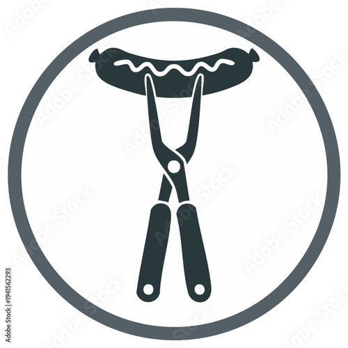 Sausage held by barbecue tongs with a circular frame. Simple illustration for grilling season.