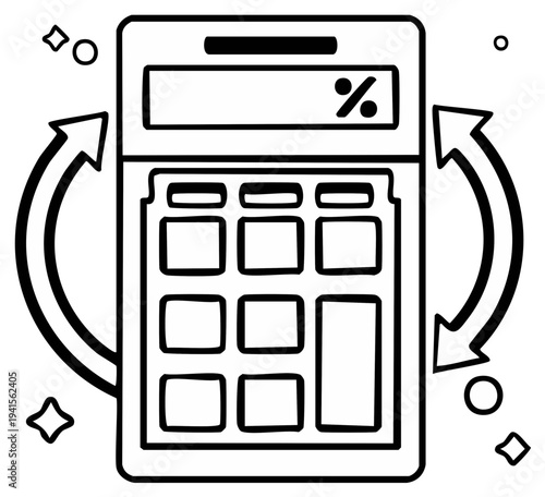 Calculator with circular arrows and sparkle icons representing calculation and financial transactions