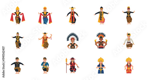 Collection of illustrated characters in diverse traditional Indonesian dance costumes and attire.