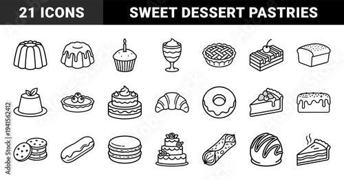 Bakery and dessert menu elements in bold monoline style. Minimalist pastry and confectionery line art for restaurant branding and sweet shop signage.