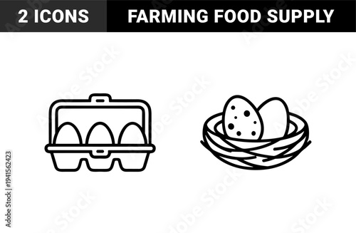 Natural and industrial egg storage concepts for grocery and farming. Minimalist monoline pictograms of a bird nest and a cardboard carton for food packaging.