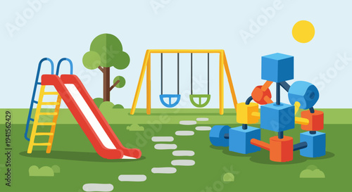 Colorful Playground Scene with Slide, Swings, and Building Blocks.