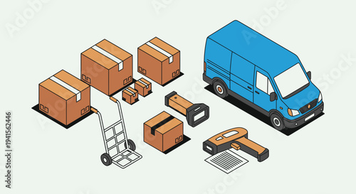 An isometric illustration depicts delivery boxes a van and equipment showcasing logistics and transport silhouette high quality professional detailed modern elegant