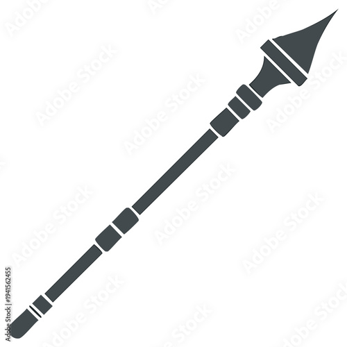 Ancient spear icon with sharp arrowhead simple graphic silhouette. Primitive tribal fantasy weapon illustration.