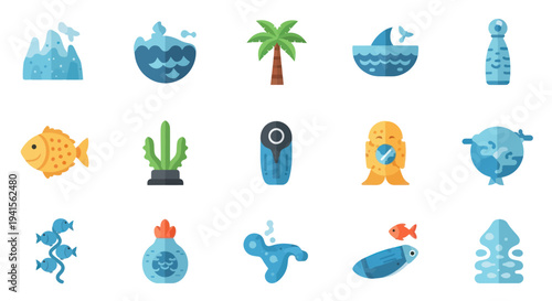 Collection of Colorful Flat Design Ocean and Nature Icons.