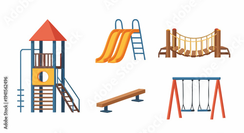 Collection of Outdoor Playground Equipment for Childrens Recreation.