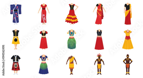 Diverse Collection of Traditional and Cultural Attire Displayed on Mannequins.